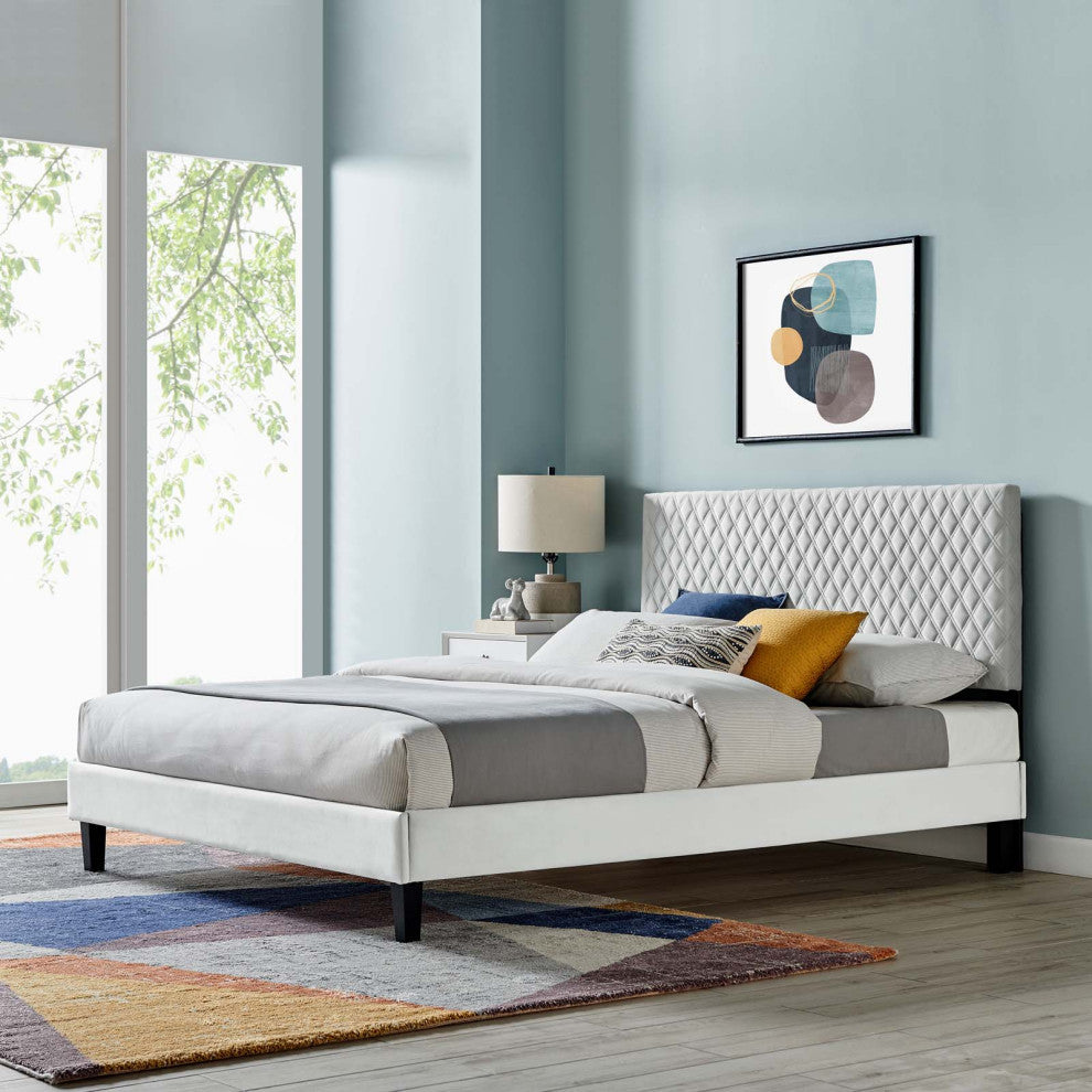 Platform Bed Frame, King Size, Gray, Velvet, Modern, Bedroom Guest Suite