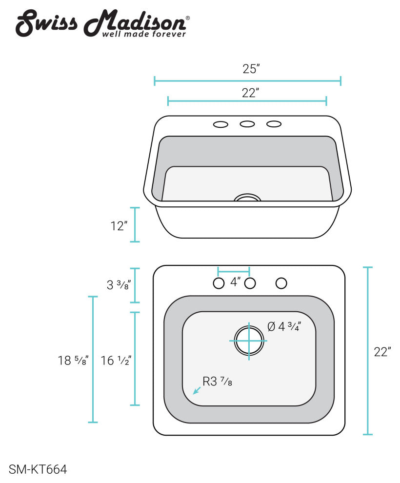 Ouvert 25 x 22 Stainless Steel, Single Basin, Top Mount Kitchen Sink