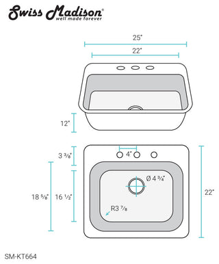 Ouvert 25 x 22 Stainless Steel, Single Basin, Top Mount Kitchen Sink