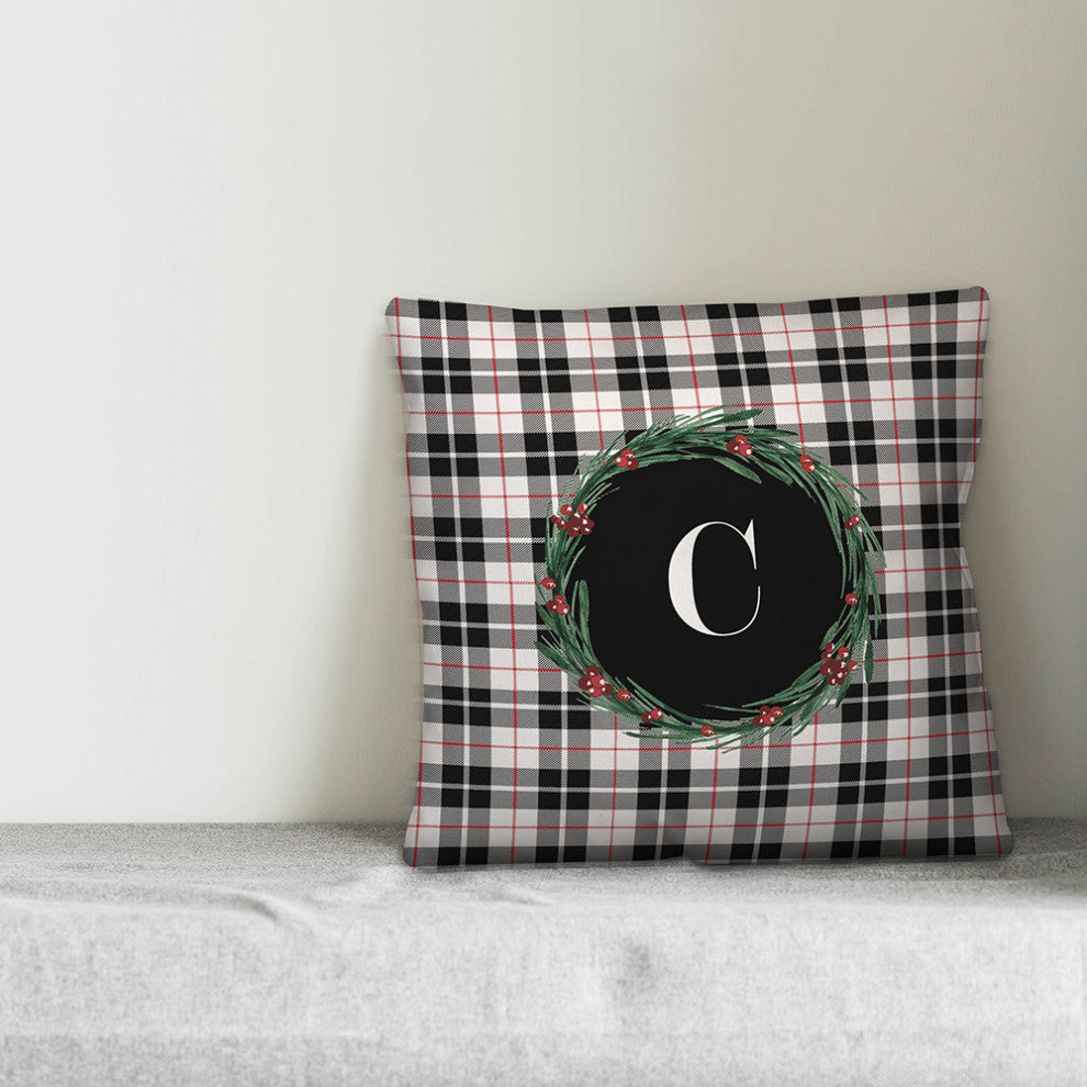Black Plaid Monogram Wreath C 18x18 Spun Poly Pillow