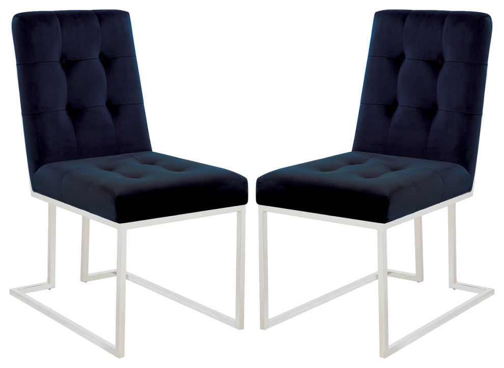 Set of 2 Fabic Dining Chairs, Blue and Chrome