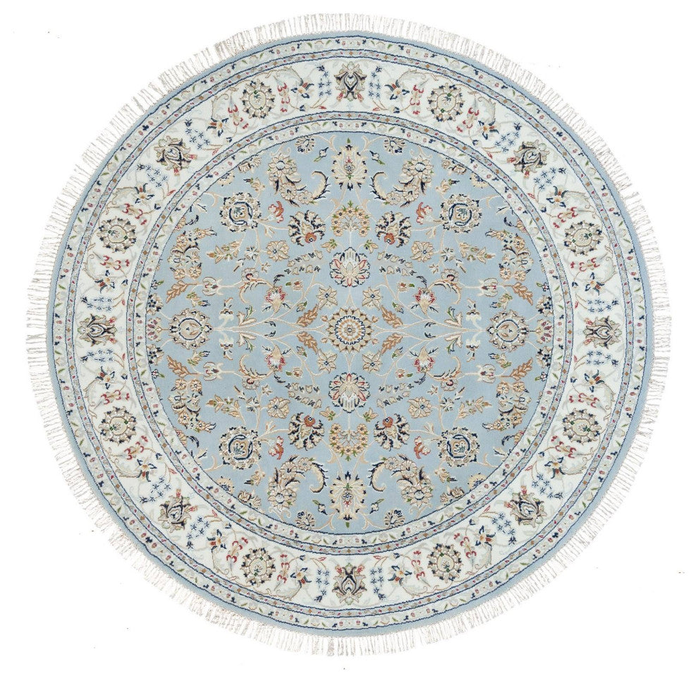 Beau Blue, 250 KPSI, Pure Wool, Hand Knotted, Nain Design Round Rug, 6'x6'