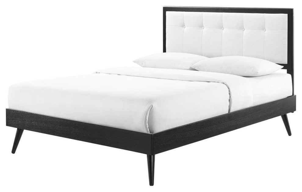 Platform Bed Frame, Queen Size, Fabric, Wood, Black White, Modern Mid-Century