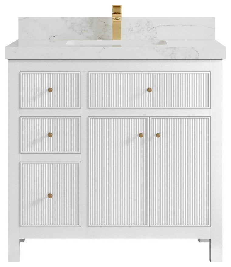 Sonoma 36 Center Sink Reeded Bath Vanity in White 2" Calacatta Nuvo