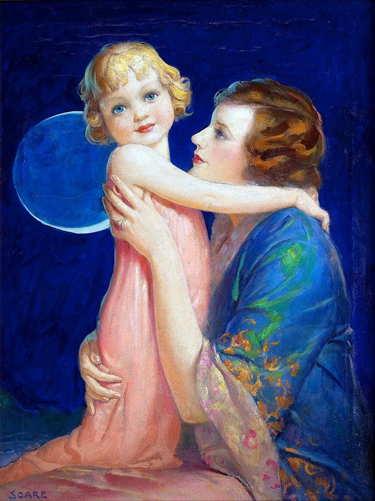 Tile Mural, Night Moon Child Woman Mother By William Fulton Soare Ceramic, Matte