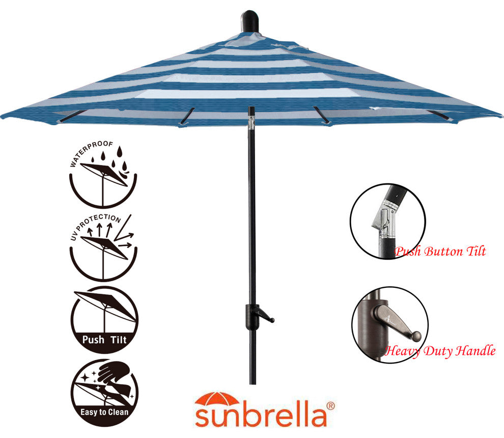 9' Round Push Tilt Market Umbrella, Black Frame, Sunbrella, Cabana Regatta