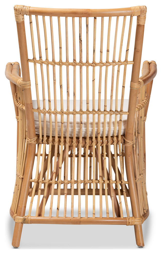 Rose Modern Bohemian White Fabric Upholstered and Natural Brown Rattan Armchair