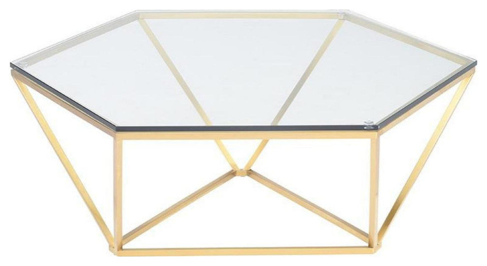 Louisa Coffee Table in Brushed Gold Stainless Steel and Glass Hexagon