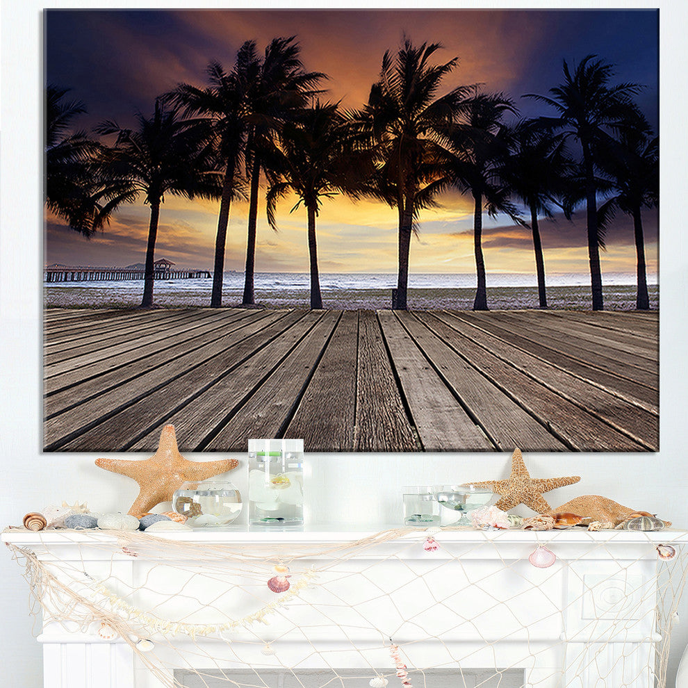 "Old Wood Terrace On Sea Beach" Modern Landscape Wall Art, 32"x16"