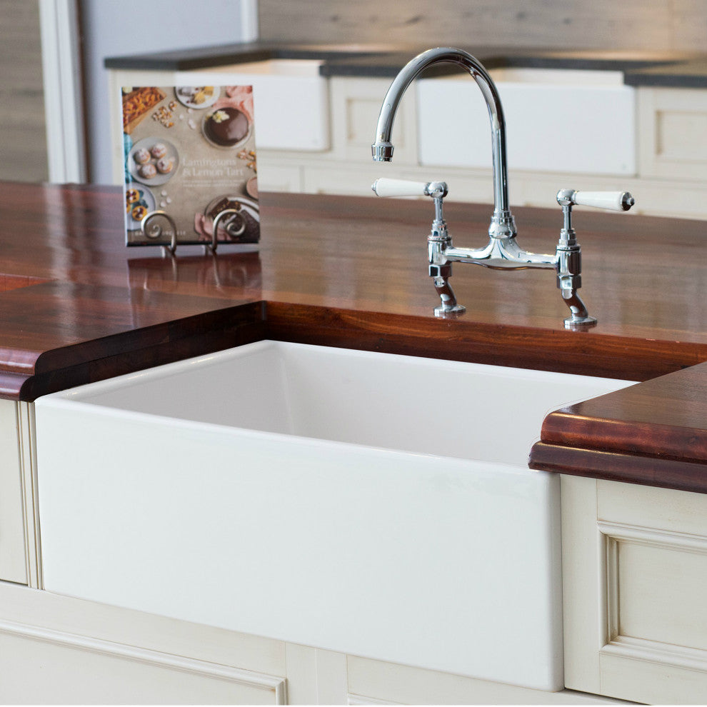 Fireclay Sink, Single Bowl Farmhouse Apron Kitchen Sink, White, 30"