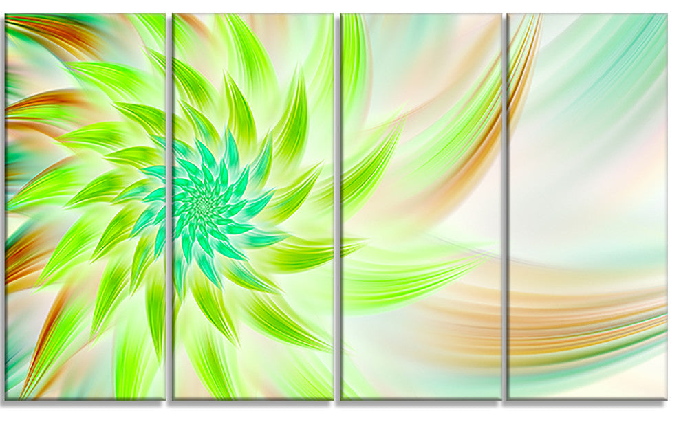 Huge Bright Green Fractal Flower, Floral Canvas Art Print, 48"x28", 4 Panels