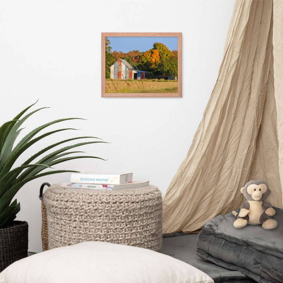 Patriotic Barn in Field Rural Landscape Framed Photo Paper Wall Art Prints, Red Oak, 11" X 14"