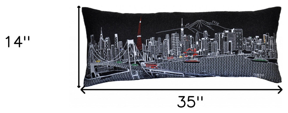 35" Black Tokyo Nighttime Skyline Lumbar Decorative Pillow