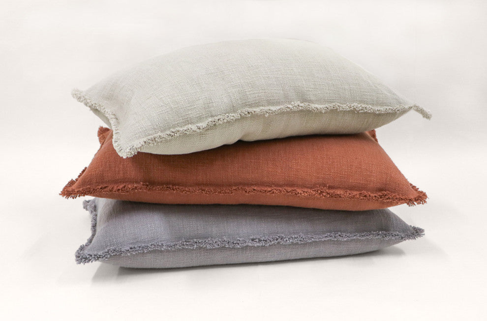 Organic Chic Washed Textured Lumbar Pillow With Frayed Edges, Shade Gray