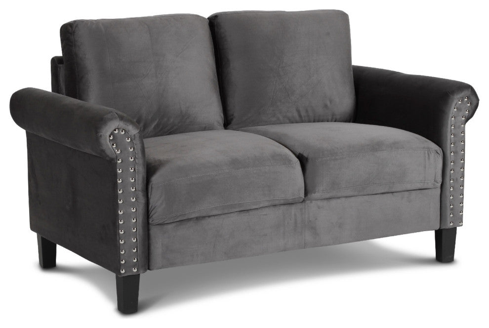 Benzara BM271912 60" Velvet Upholstered Loveseat With Nailhead Trim, Gray