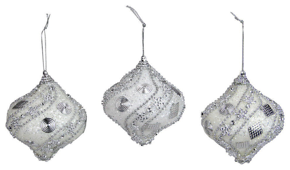 White and Silver Beaded and Glittered Christmas Ornaments, Set of 3
