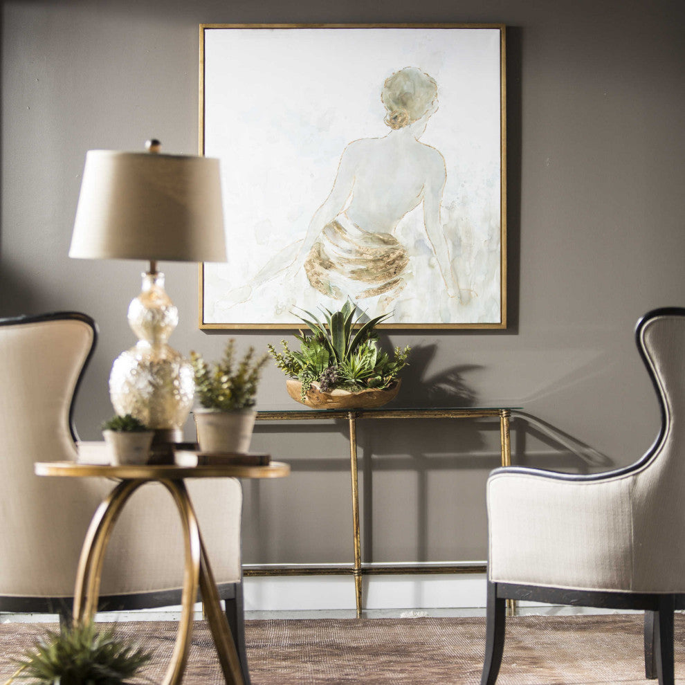 Gold Nude Female Wall Art Painting, Spa Lady Relaxation Square