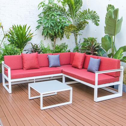 LeisureMod CSLW-80R-BU Chelsea Adjustable Headrest&Coffee Table Red Cushions