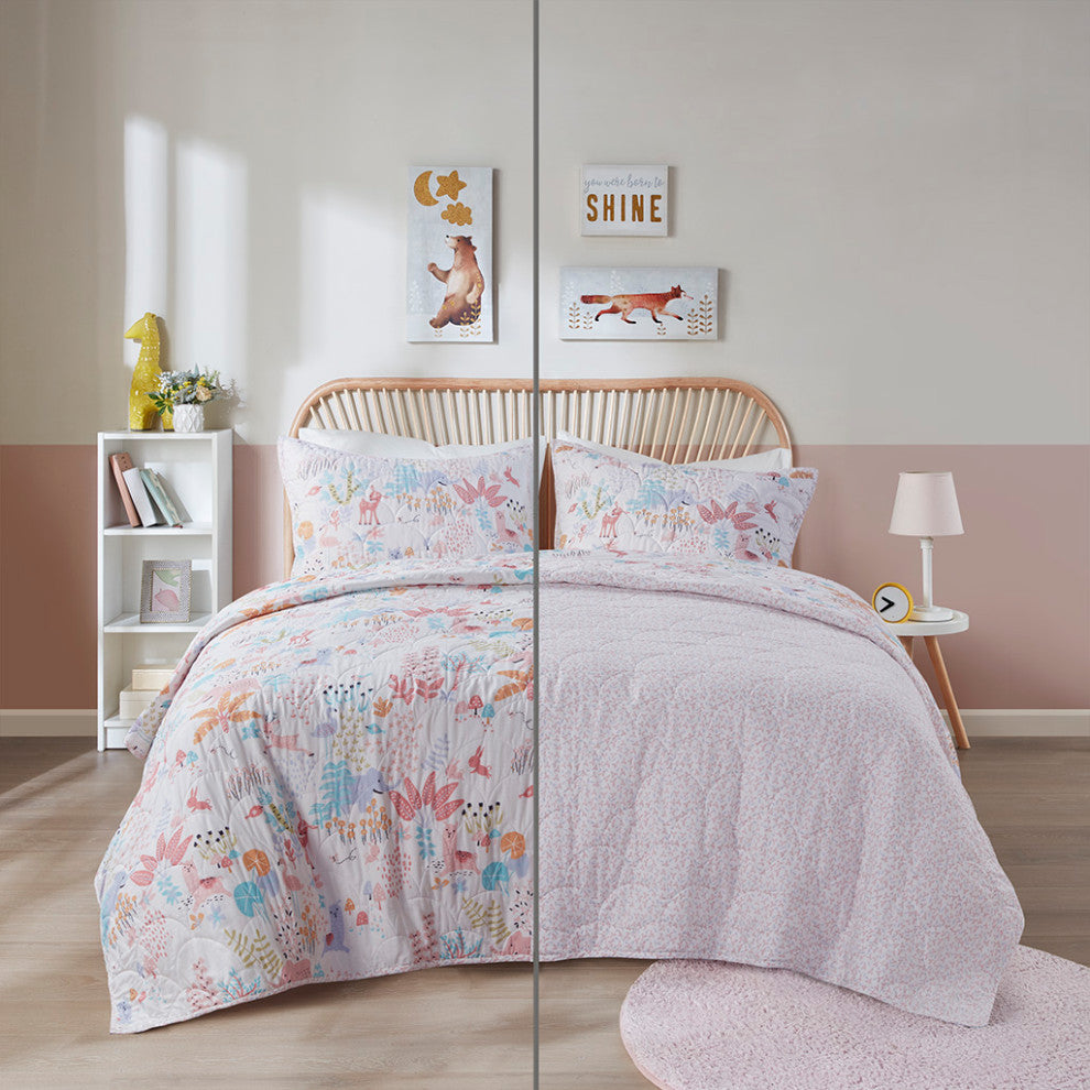 Urban Habitat Kids Iris Woodland Animals Reversible Cotton Quilt Set, Blush