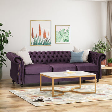 GDF Studio Vita Chesterfield Tufted Jewel Toned Velvet Sofa With Scroll Arms, Blackberry