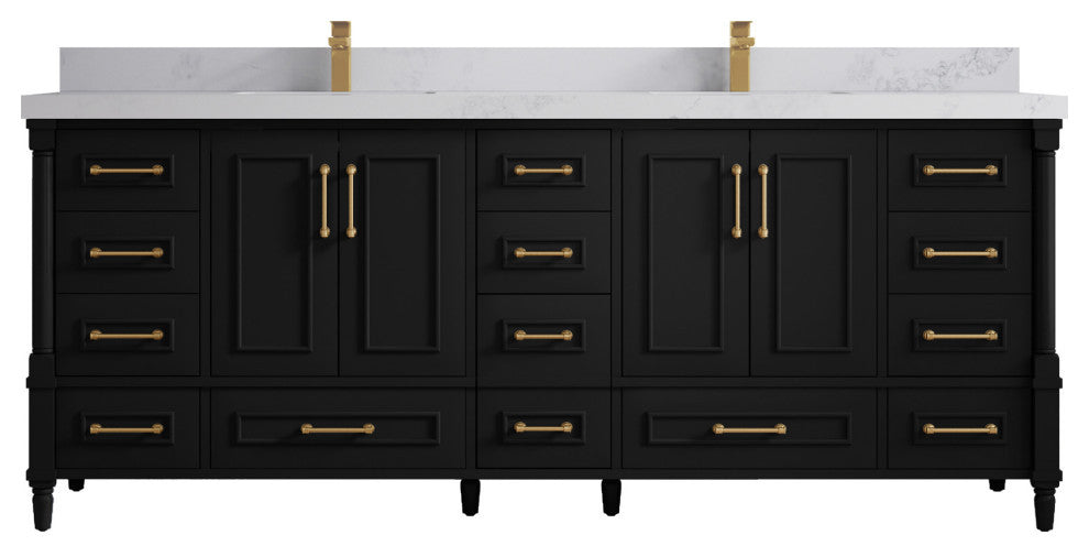 Aberdeen 84 Double Sink Bath Vanity in Black 2" Calacatta Nuvo