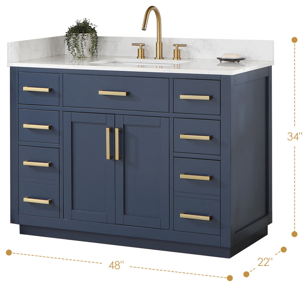 Gavino Vanity With Grain White Composite Stone Top, Royal Blue/Brushed Gold, 48", No Mirror