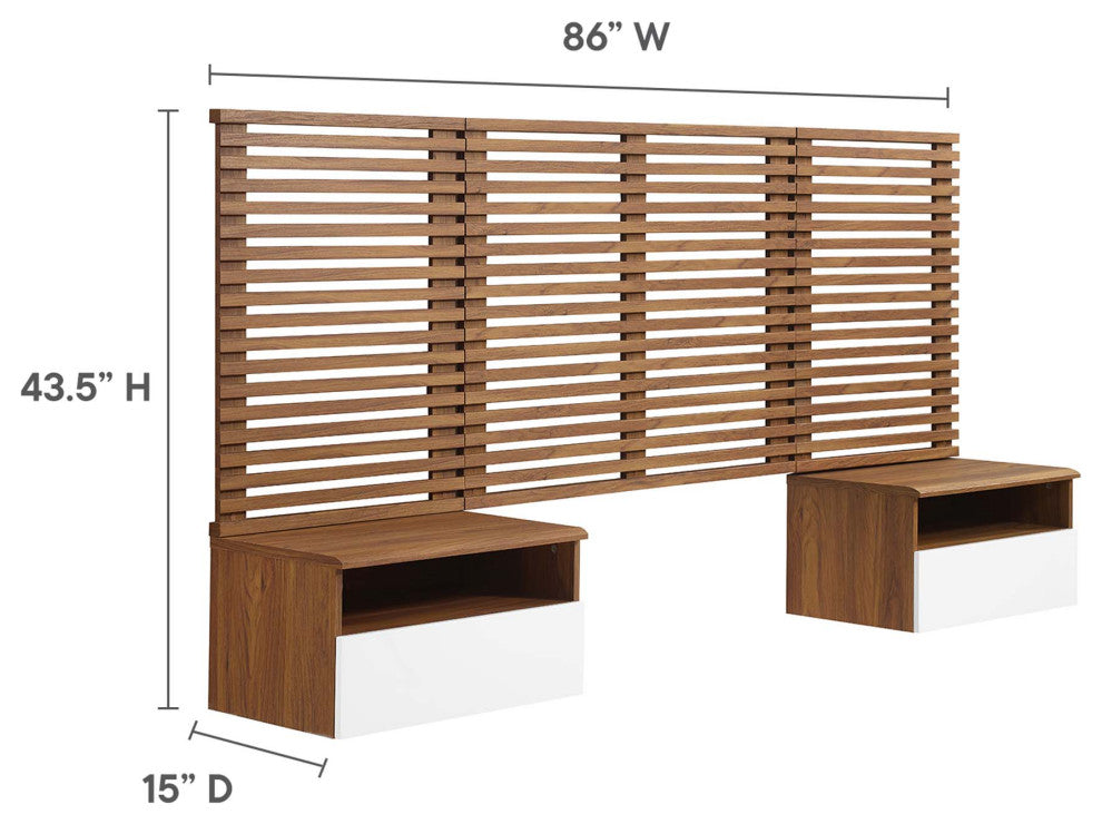 Render Wall Mount Twin Headboard and Modern Nightstands, Walnut