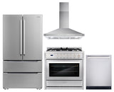 4 Piece, 36" Gas Range 36" Range Hood 24" Dishwasher & Refrigerator
