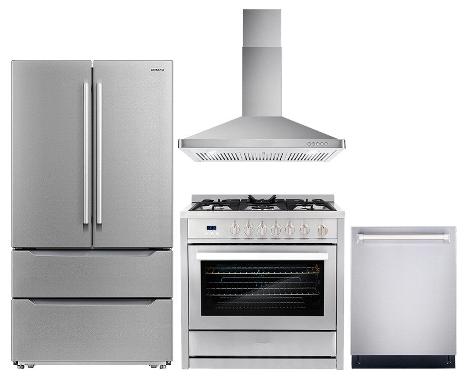4 Piece, 36" Gas Range 36" Range Hood 24" Dishwasher & Refrigerator