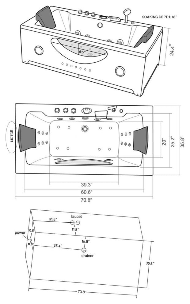 Whirlpool Bathtub 71"x36" Hot Tub Double Pump With Heater, Harmony
