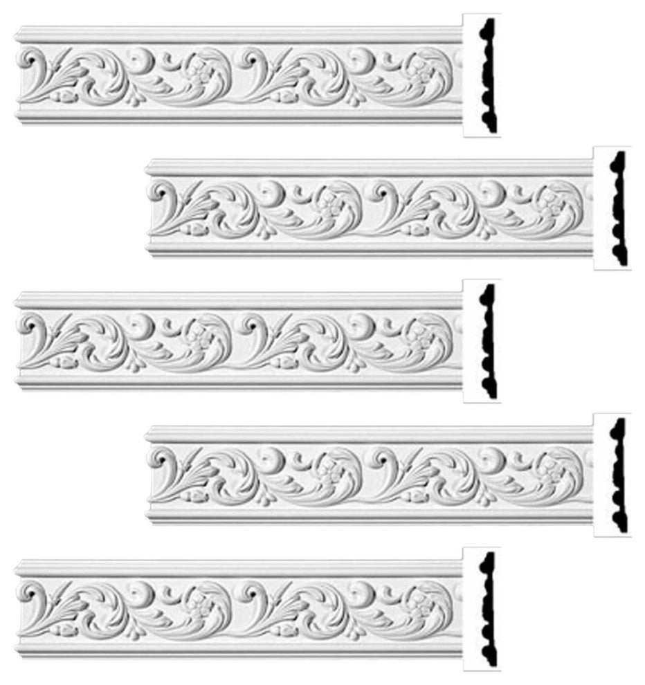Ornate Crown Molding White Urethane Design 5 Pieces Totaling 480" Long
