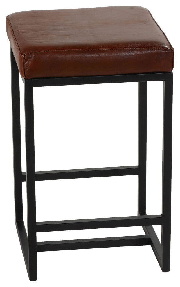 Bare Decor Cognac Backless Counter Stool, Genuine 100% Leather, Brown