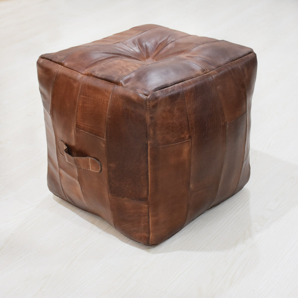 Geometric Handmade Leather Pouf (Recycled Foam with Fibre Fill) Black, [Square] 18x18x18