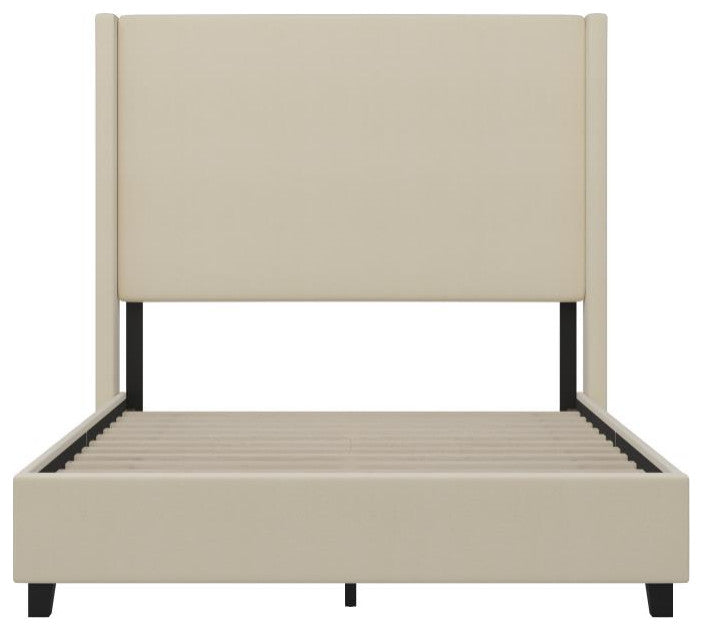Quinn Upholstered Platform Bed with Channel Stitched Wingback Headboard, Beige, Full