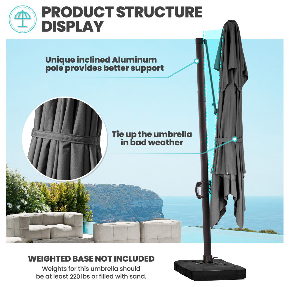 10 FT Double Top Square Offset Umbrella Outdoor Hanging Cantilever Umbrella, Dark Gary