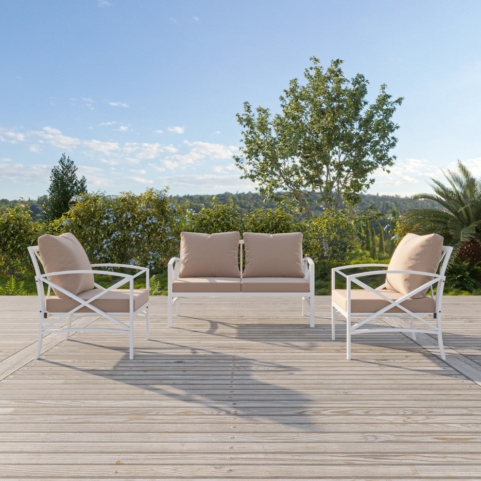 3 Pieces Outdoor Metal Patio Sectional Sofa Set With Cushions, Camel