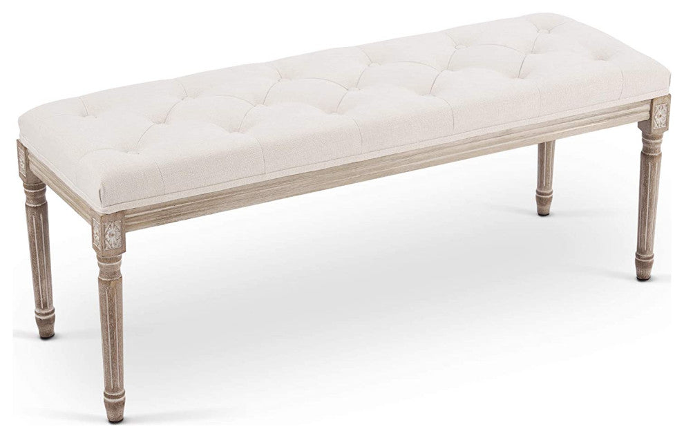 Extra-Long French Vintage Bench with Padded Seat & Rubberwood Legs