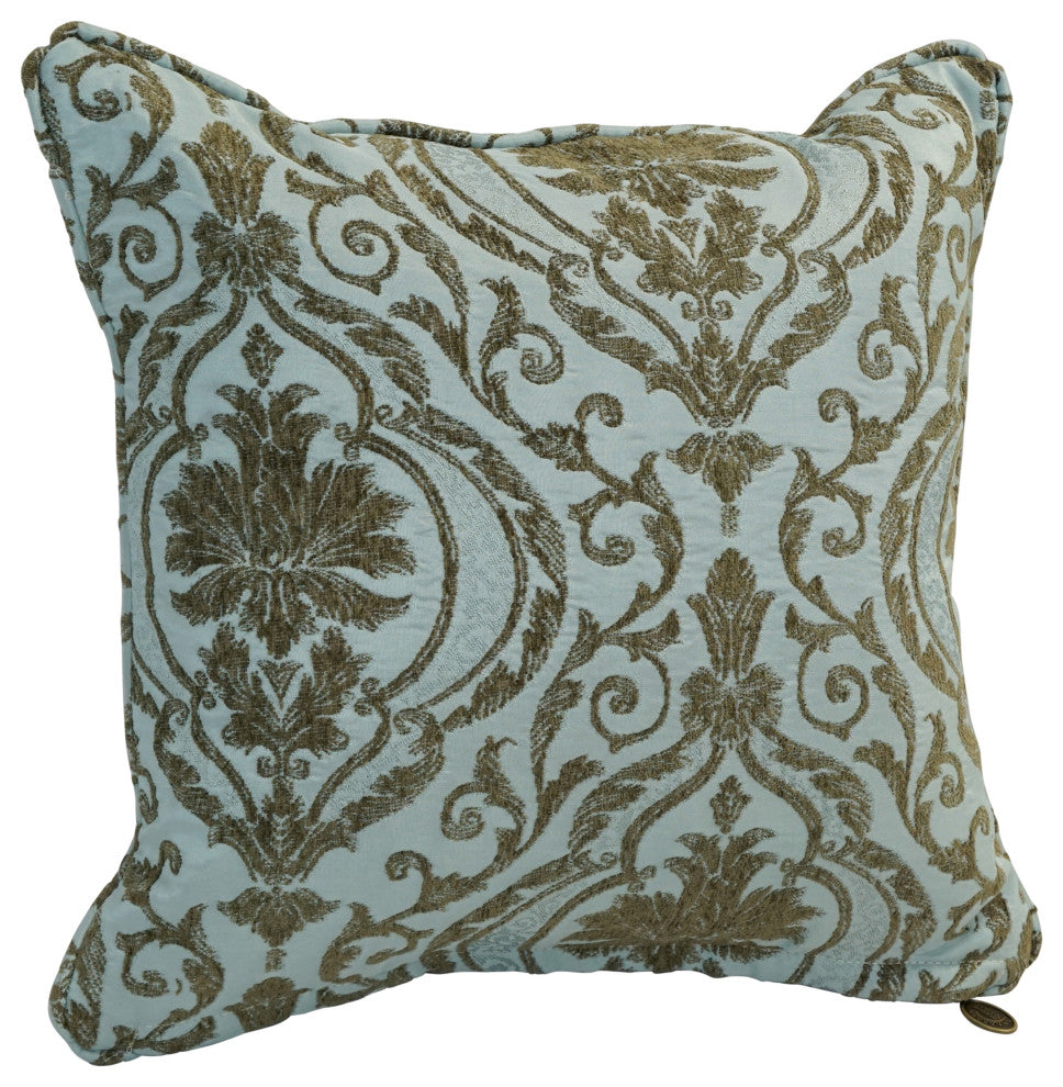 18" Double-Corded Patterned Jacquard Chenille Square Throw Pillow, Blue Damask