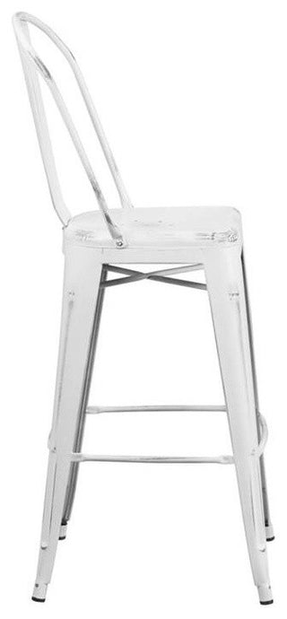 Commercial Grade 30"High Distressed White Metal Indoor-Outdoor Barstool, Back
