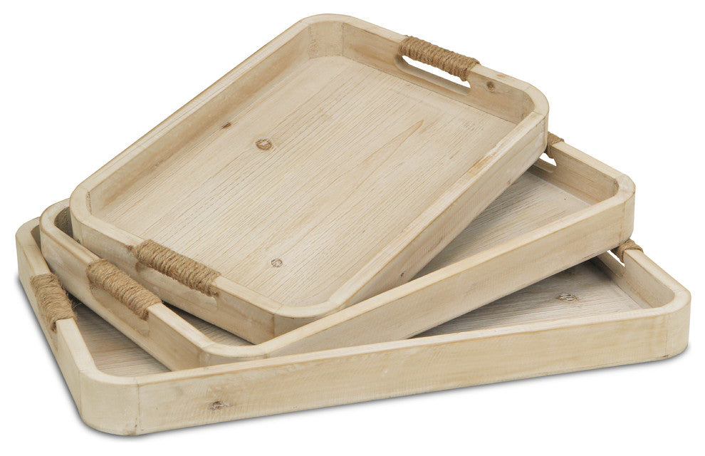 Natural Wood Trays, White Washed, Rope Covered Handles, 3-Piece Set