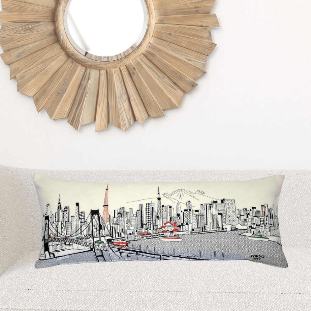 35" White Tokyo Daylight Skyline Lumbar Decorative Pillow