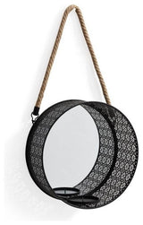 Round Mirror Pillar Candle Sconce With Filigree Metal Frame