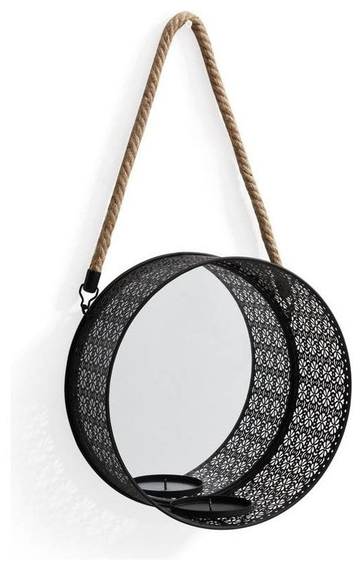 Round Mirror Pillar Candle Sconce With Filigree Metal Frame