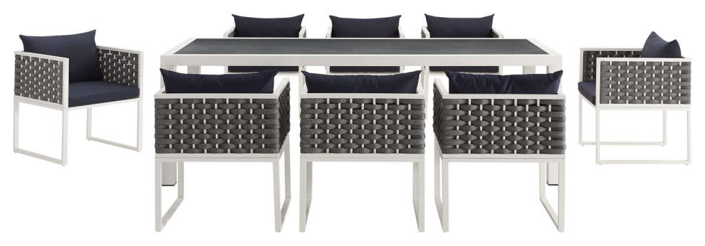 White Navy Stance 9 Piece Outdoor Patio Aluminum Dining Set