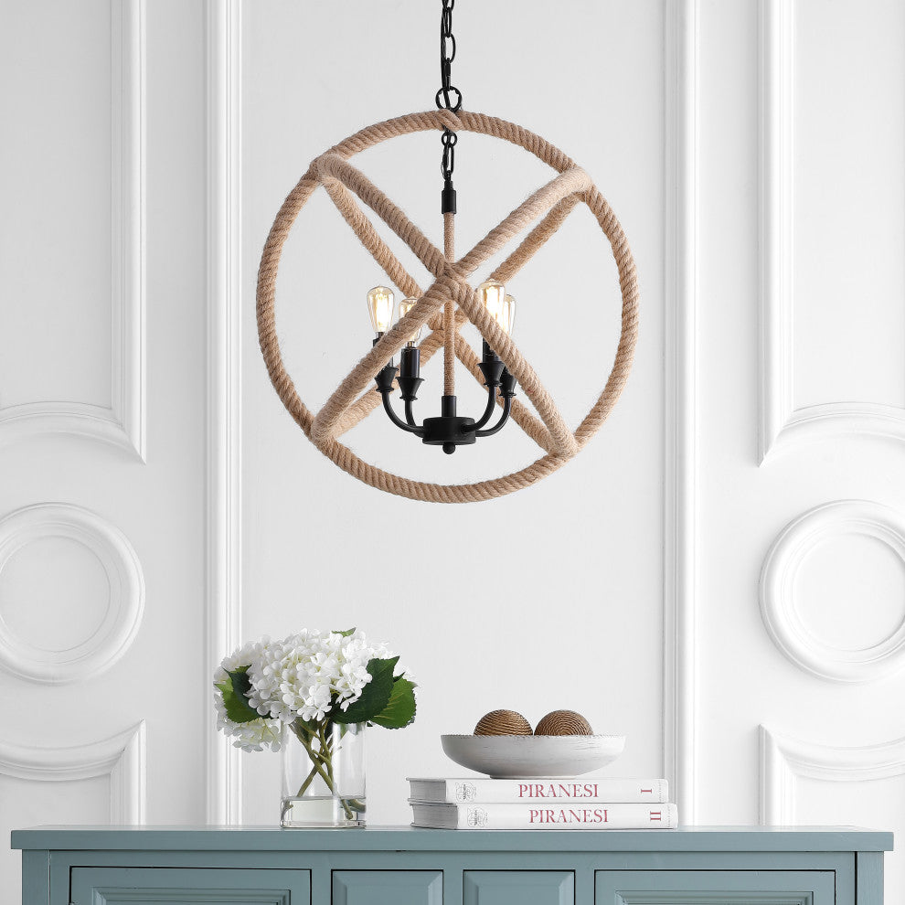 Soka 4-Light 20" Adjustable Rope Globe LED Chandelier, Black and Brown