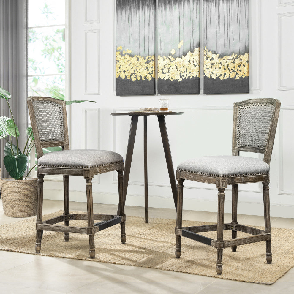 Triomphe 26.5" Oak Rattan Wicker Counter Stool, Heathered Gray Linen