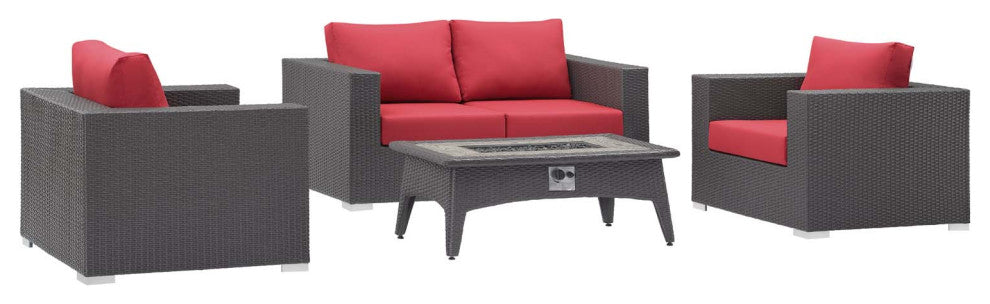Convene 4 Piece Set Outdoor Patio with Fire Pit Espresso Red