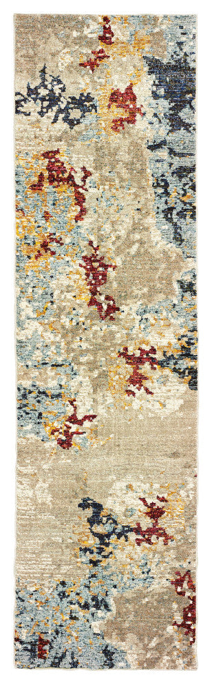 Elements Marbled Patina Beige/Blue Area Rug, 2'3"x8'