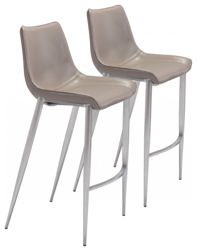 Set of Two Gray Faux Leather and Steel Modern Stitch Bucket Bar Chairs