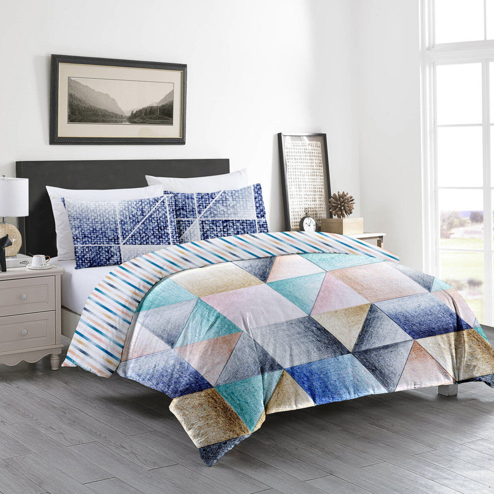 Delara GOTS Organic Cotton Geometric Reversible Print Duvet Cover Set, Queen(88"